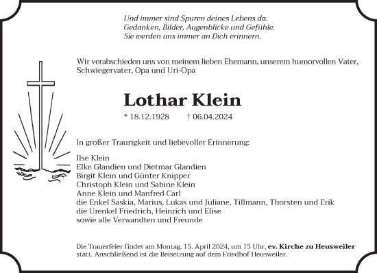 Todesanzeige von Lothar Klein von saarbruecker_zeitung