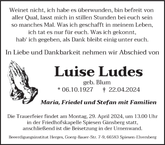 Todesanzeige von Luise Ludes von saarbruecker_zeitung