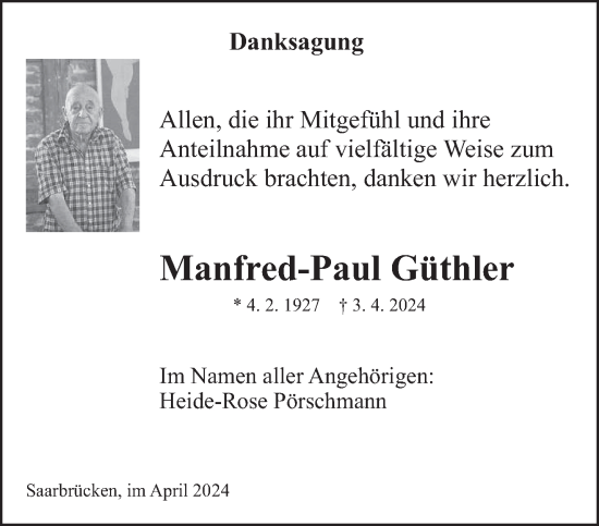 Todesanzeige von Manfred-Paul Güthler von saarbruecker_zeitung