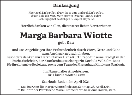 Todesanzeige von Marga Barbara Wiotte von saarbruecker_zeitung