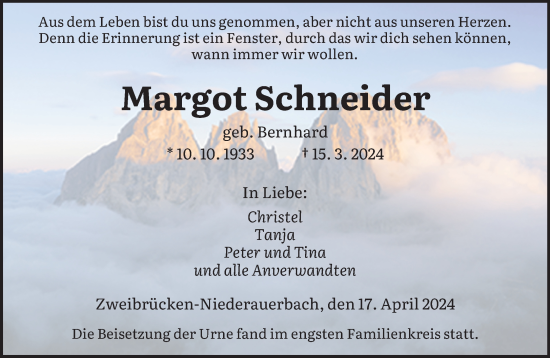 Todesanzeige von Margot Schneider von saarbruecker_zeitung