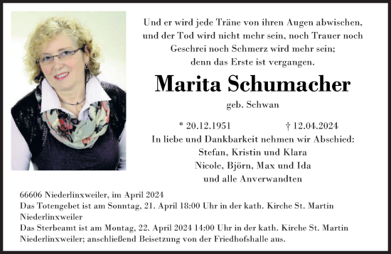 Todesanzeige von Marita Schumacher von saarbruecker_zeitung