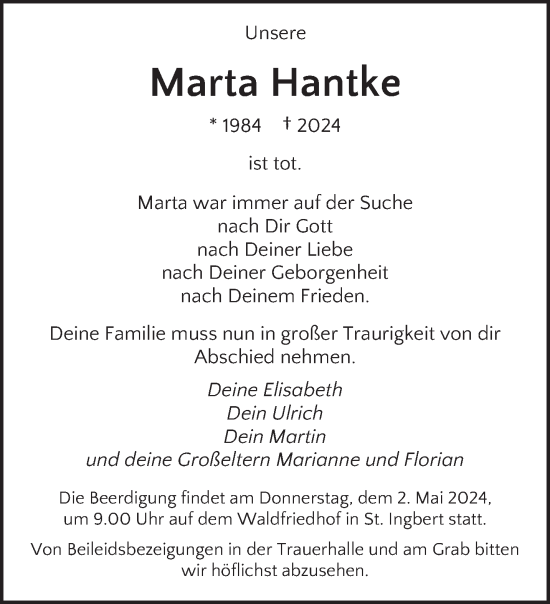 Todesanzeige von Marta Hantke von saarbruecker_zeitung