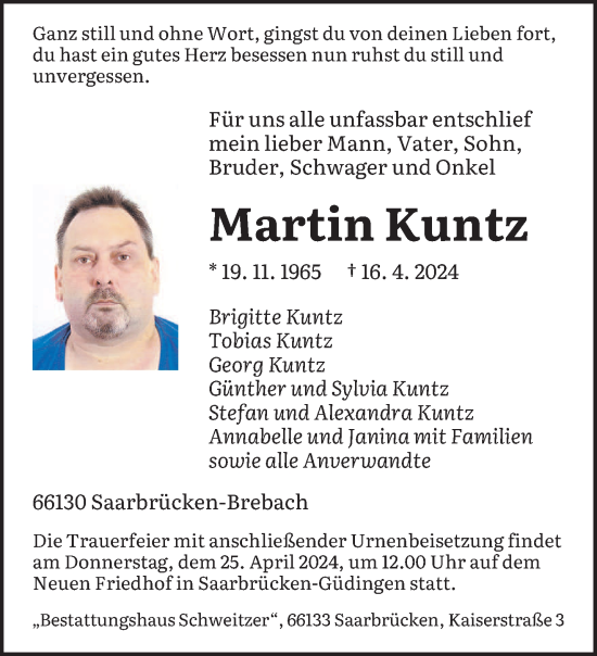 Todesanzeige von Martin Kuntz von saarbruecker_zeitung