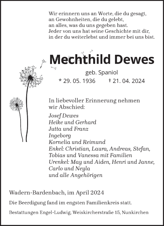 Todesanzeige von Mechthild Dewes von saarbruecker_zeitung