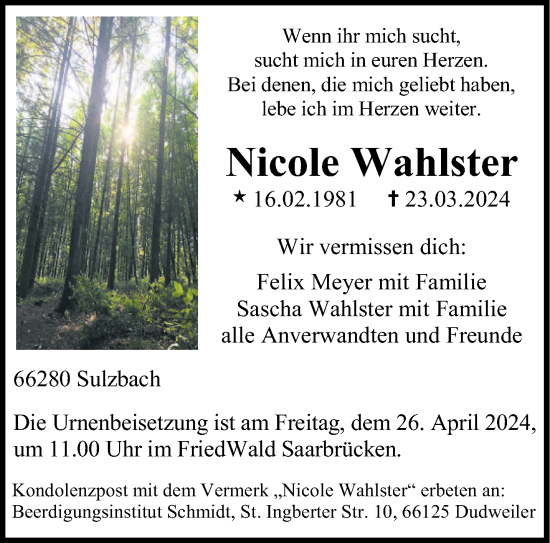 Todesanzeige von Nicole Wahlster von saarbruecker_zeitung