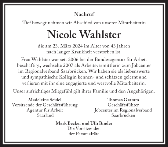 Todesanzeige von Nicole Wahlster von saarbruecker_zeitung