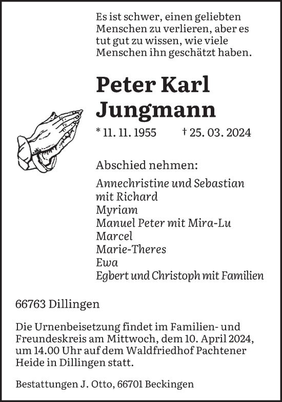 Todesanzeige von Peter Karl Jungmann von saarbruecker_zeitung