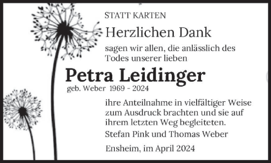 Todesanzeige von Petra Leidinger von saarbruecker_zeitung