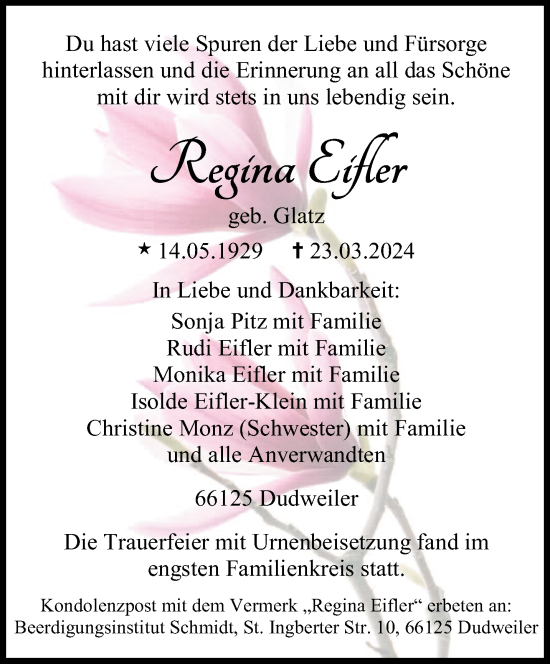 Todesanzeige von Regina Eifler von saarbruecker_zeitung