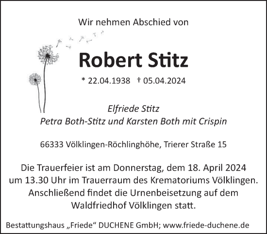 Todesanzeige von Robert Stitz von saarbruecker_zeitung