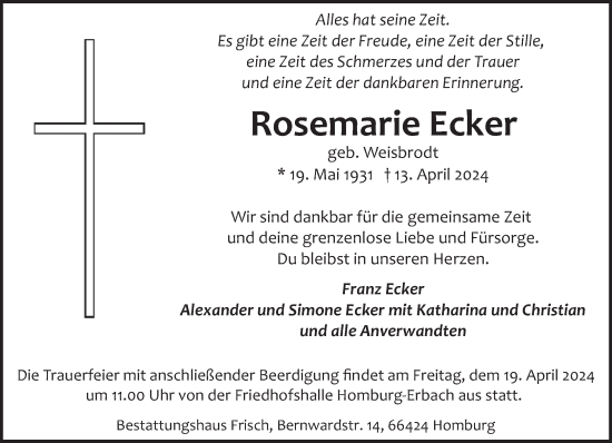 Todesanzeige von Rosemarie Ecker von saarbruecker_zeitung