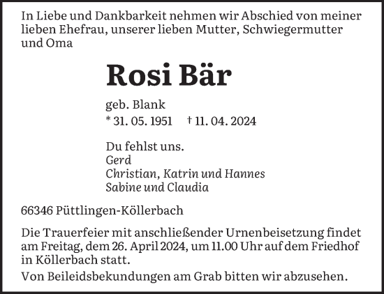 Todesanzeige von Rosi Bär von saarbruecker_zeitung