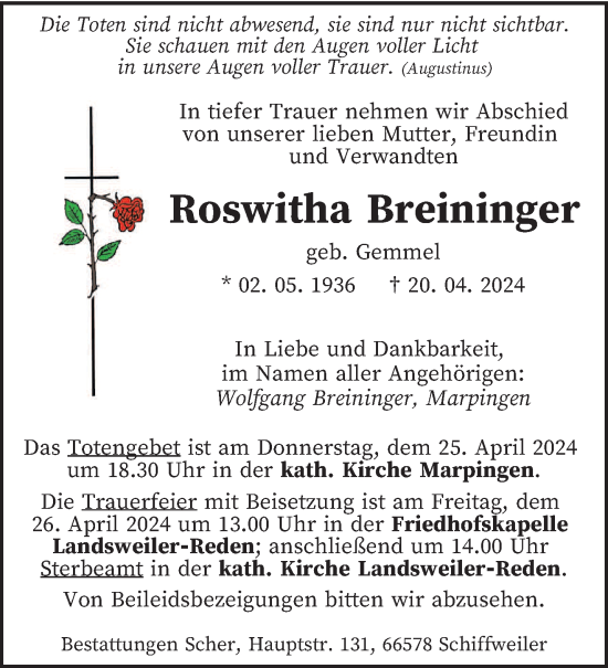 Todesanzeige von Roswitha Breininger von saarbruecker_zeitung