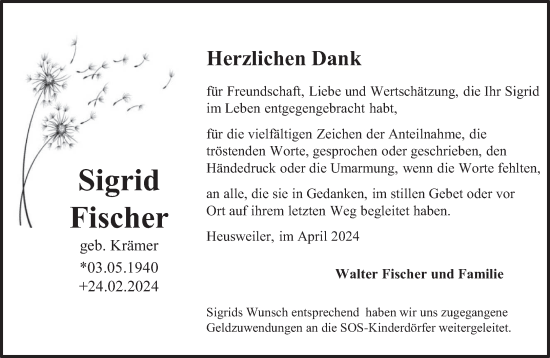 Todesanzeige von Sigrid Fischer von saarbruecker_zeitung