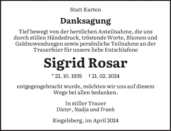 Todesanzeige von Sigrid Rosar von saarbruecker_zeitung