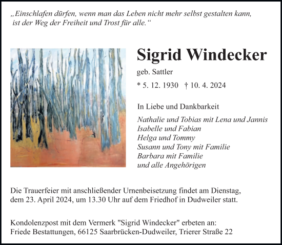 Todesanzeige von Sigrid Windecker von saarbruecker_zeitung