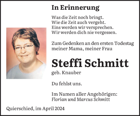 Todesanzeige von Steffi Schmitt von saarbruecker_zeitung