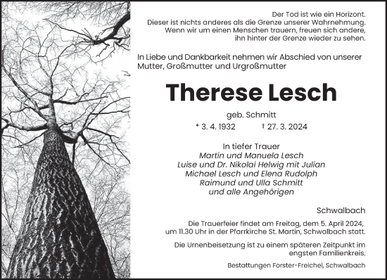 Todesanzeige von Therese Lesch von saarbruecker_zeitung