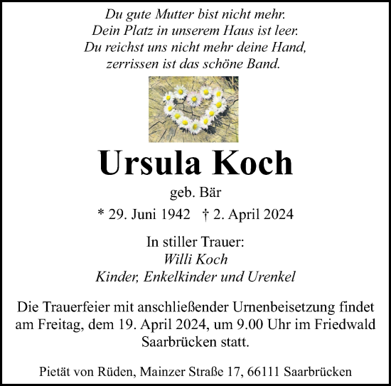 Todesanzeige von Ursula Koch von saarbruecker_zeitung