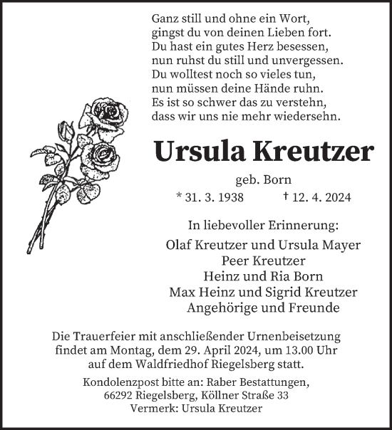 Todesanzeige von Ursula Kreutzer von saarbruecker_zeitung