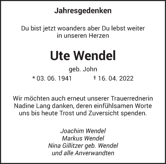 Todesanzeige von Ute Wendel von saarbruecker_zeitung