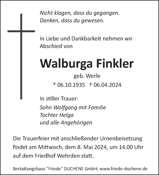 Todesanzeige von Walburga Finkler von saarbruecker_zeitung
