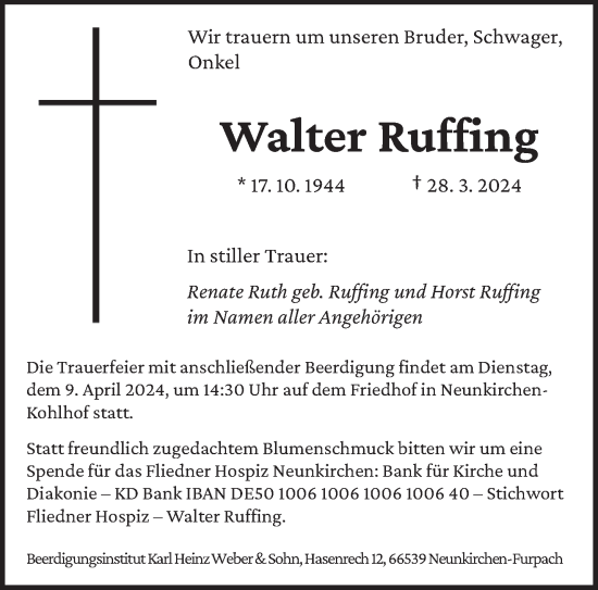 Todesanzeige von Walter Ruffing von saarbruecker_zeitung