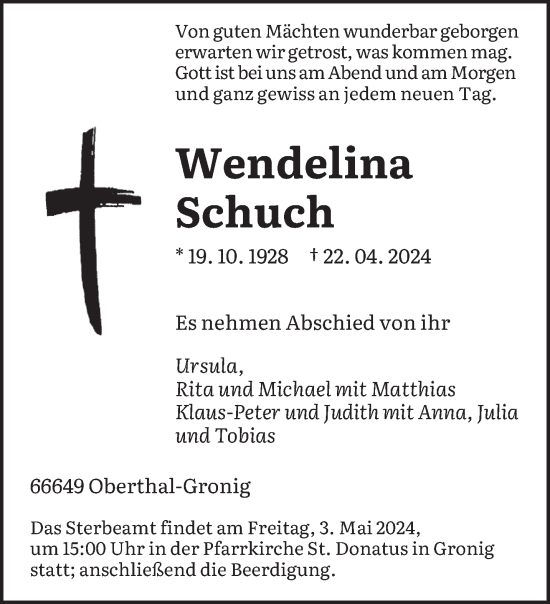 Todesanzeige von Wendelina Schuch von saarbruecker_zeitung