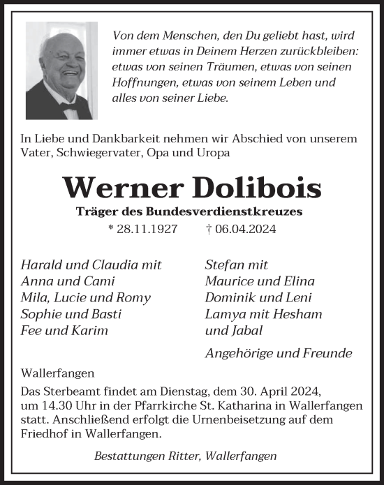 Todesanzeige von Werner Dolibois von saarbruecker_zeitung