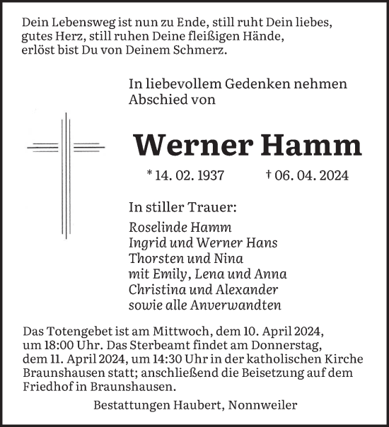 Todesanzeige von Werner Hamm von saarbruecker_zeitung