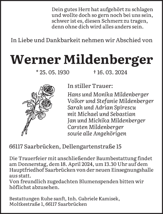 Todesanzeige von Werner Mildenberger von saarbruecker_zeitung