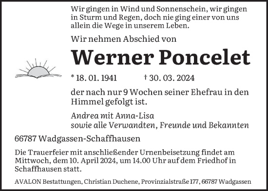 Todesanzeige von Werner Poncelet von saarbruecker_zeitung