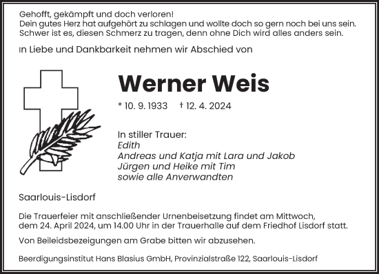 Todesanzeige von Werner Weis von saarbruecker_zeitung