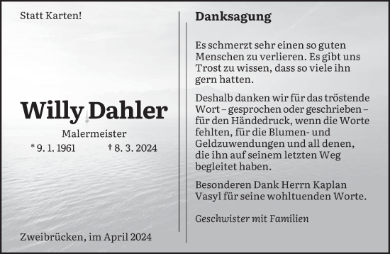 Todesanzeige von Willy Dahler von saarbruecker_zeitung