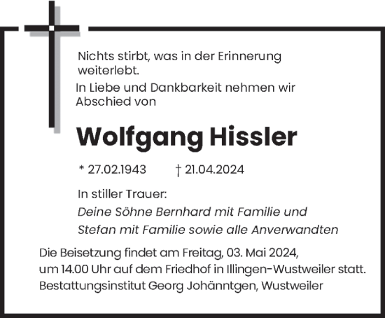 Todesanzeige von Wolfgang Hissler von saarbruecker_zeitung
