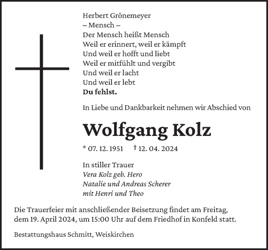 Todesanzeige von Wolfgang Kolz von saarbruecker_zeitung