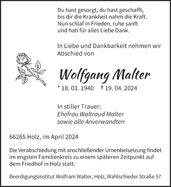 Todesanzeige von Wolfgang Malter von saarbruecker_zeitung