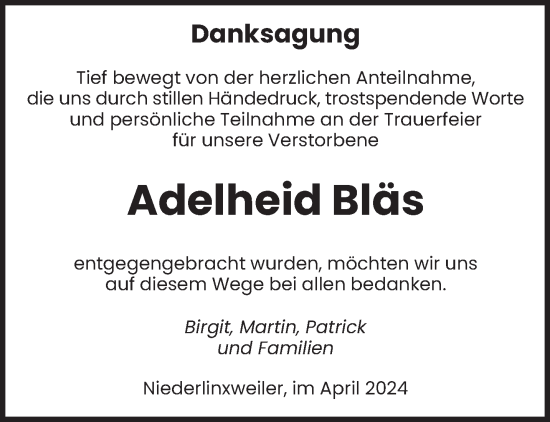 Todesanzeige von Adelheid Bläs von saarbruecker_zeitung