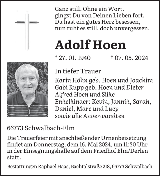 Todesanzeige von Adolf Hoen von saarbruecker_zeitung