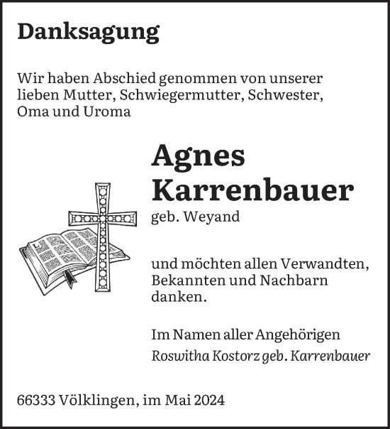 Todesanzeige von Agnes Karrenbauer von saarbruecker_zeitung