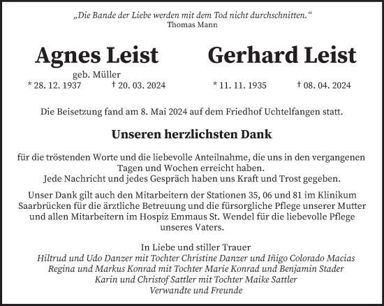 Todesanzeige von Agnes und Gerhard Leist von saarbruecker_zeitung