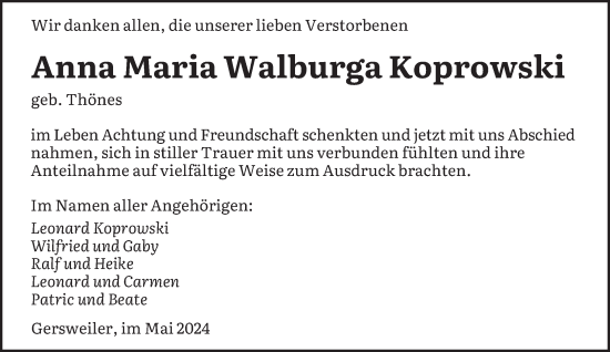 Todesanzeige von Anna Maria Walburga Koprowski von saarbruecker_zeitung