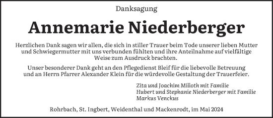 Todesanzeige von Annemarie Niederberger von saarbruecker_zeitung