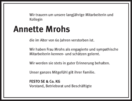 Todesanzeige von Annette Mrohs von saarbruecker_zeitung