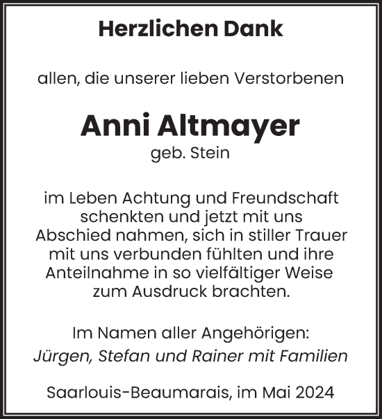 Todesanzeige von Anni Altmayer von saarbruecker_zeitung