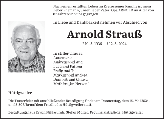Todesanzeige von Arnold Strauß von saarbruecker_zeitung