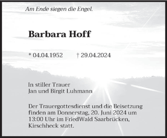 Todesanzeige von Barbara Hoff von saarbruecker_zeitung