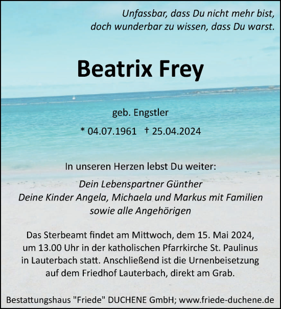 Todesanzeige von Beatrix Frey von saarbruecker_zeitung