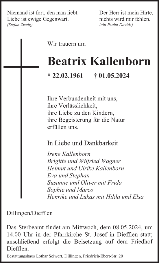 Todesanzeige von Beatrix Kallenborn von saarbruecker_zeitung